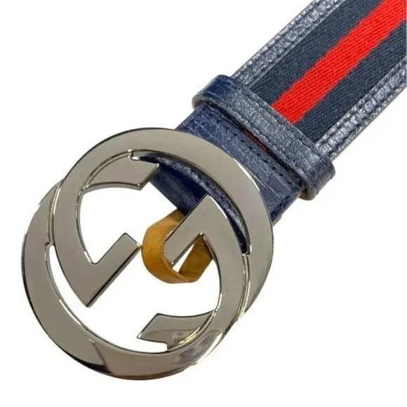 Gucci Belt Accessories Small Interlocking G Stripe Leather Canvas Navy - Picture 2 of 10